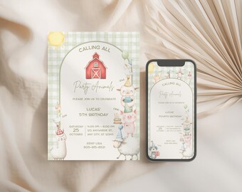 Barnyard Birthday Invitation, Farm Animals Party Printable, Red Barn Kids Card