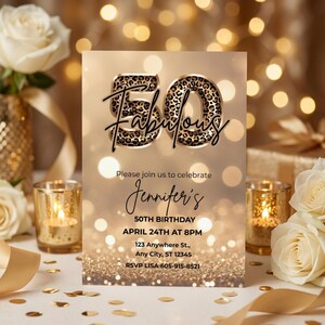 Elegant 50th birthday invitation with gold glitter background and leopard print and 50 text design. Canva template. Sparkle Party Printable