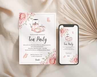 Floral Tea Party Invitation Template, Editable Pink Watercolor Teapot invite, Party Printable