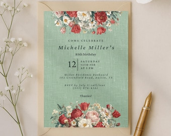 Red flowers 85th Birthday Invitation Canva Template – Editable  Elegant Party Printable