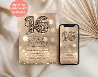 Invito per la festa dei sedici anni con stampa leopardata e glitter oro, invito stampabile per la festa dei sedici anni