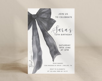 Black Bow 13th Birthday Invitation, Elegant Teen Girl Party Invite: Editable Digital Birthday Card Template