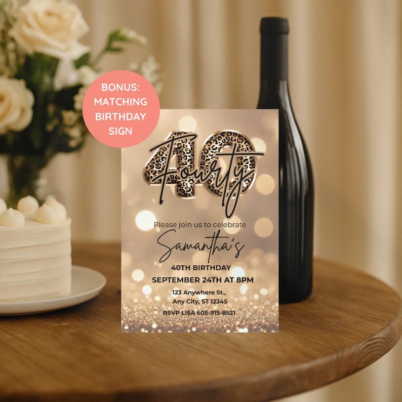 Elegant 40th birthday card with gold glitter background and leopard print and 40 text design. Canva template. Sparkle Party Printable