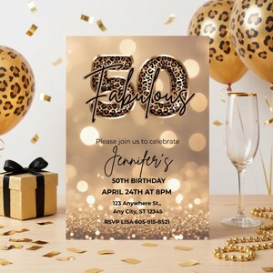 Elegant 50th birthday invitation with gold glitter background and leopard print and 50 text design. Canva template. Sparkle Party Printable