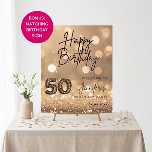 Elegant 50th birthday sign with gold glitter background and leopard print and 50 text design. Canva template. Sparkle Party Printable