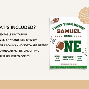 First Year Down football birthday invitation for boys, green and brown editable digital download, Canva template with American Football theme