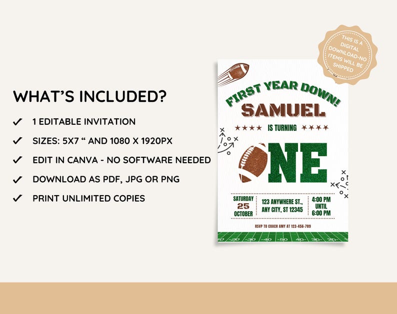 First Year Down football birthday invitation for boys, green and brown editable digital download, Canva template with American Football theme