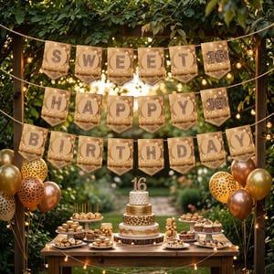 Op de afbeelding: Een verjaardagsscène met een "Sweet 16 Happy Birthday" banner, ballonnen en een meerlaagse taart. De taart heeft gouden en luipaardprint accenten. Een houten tafel toont desserts. Slingers en groen dragen bij aan de feestelijke sfeer.