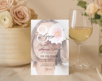 Elegant 80th Birthday Photo Invitation – Modern Editable 40th, 50th, 60th, 70th Canva template