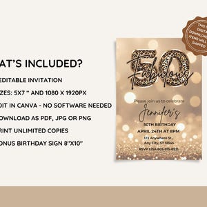 Elegant 50th birthday card with gold glitter background and leopard print and 50 text design. Canva template. Sparkle Party Printable
