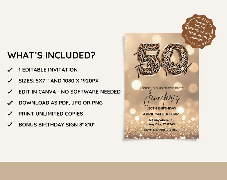 Elegant 50th birthday card with gold glitter background and leopard print and 50 text design. Canva template. Sparkle Party Printable