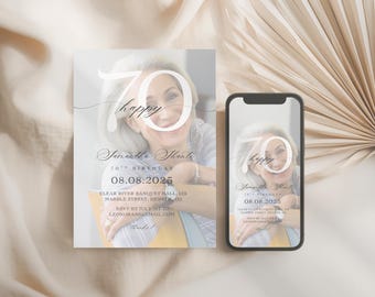 Elegant photo 70th Birthday Invitation, editable Canva Template, 30th, 40th, 50th, 60th, 80th Party Printable