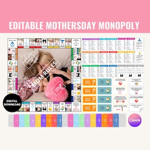 Mothersday Monopoly editable template bundle, Blank Monopoly Board, Monopoly Canva Template, Monopoly Game Board, Digital Download, Birthday