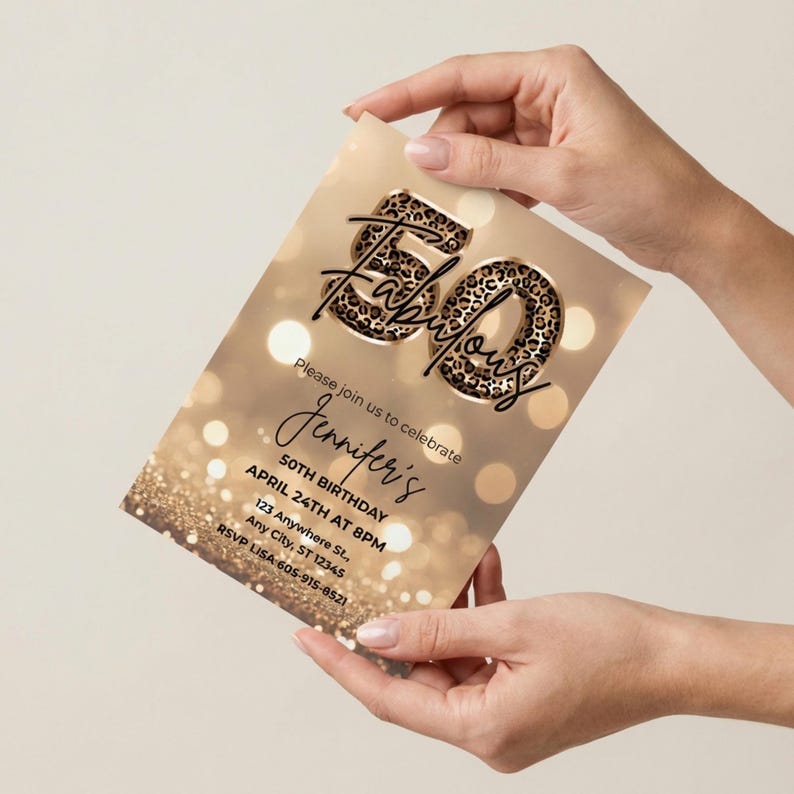 Elegant 50th birthday card with gold glitter background and leopard print and 50 text design. Canva template. Sparkle Party Printable