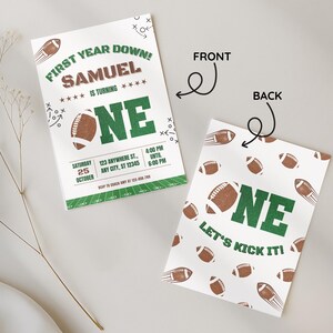 First Year Down football 1st birthday invitation for boys, green and brown editable digital download, Canva template