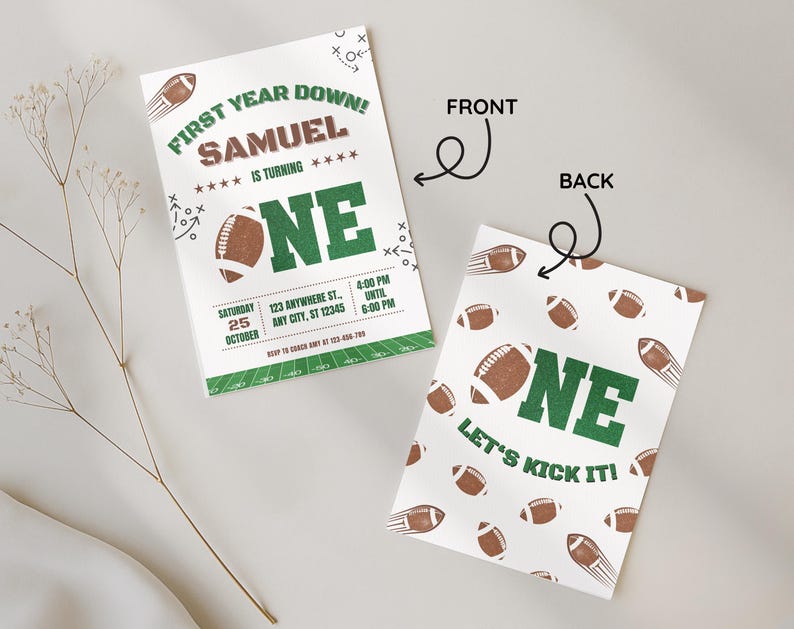 First Year Down football 1st birthday invitation for boys, green and brown editable digital download, Canva template