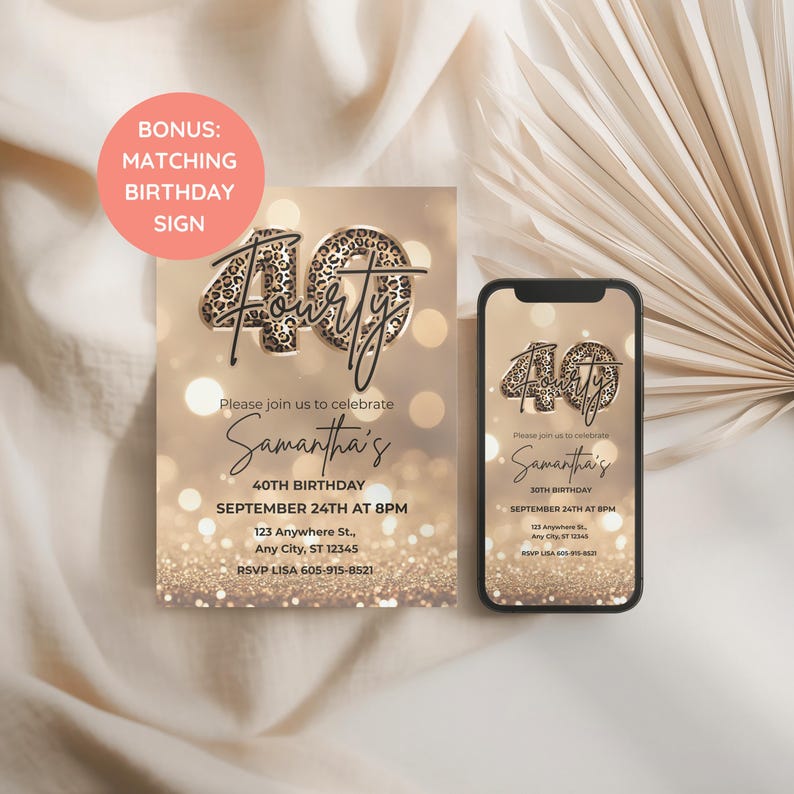 Digital Elegant 40th birthday card with gold glitter background and leopard print and 40 text design. Canva template. Sparkle Party Printable
