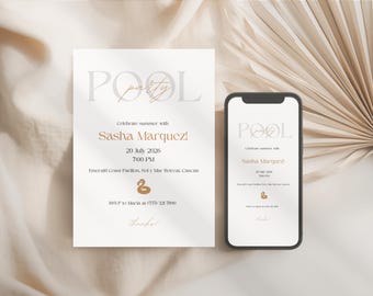 Editable Elegant Pool Party Invitation Modern Black and White Printable Digital Invite