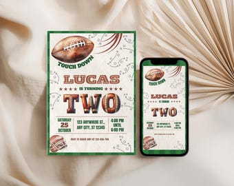 Football Digital Birthday Invitation for Boys, Editable Party Template, Green Brown Two Year Old Invite