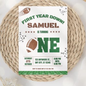 Customazible First Year Down football birthday invitation for boys, green and brown editable digital download, Canva template