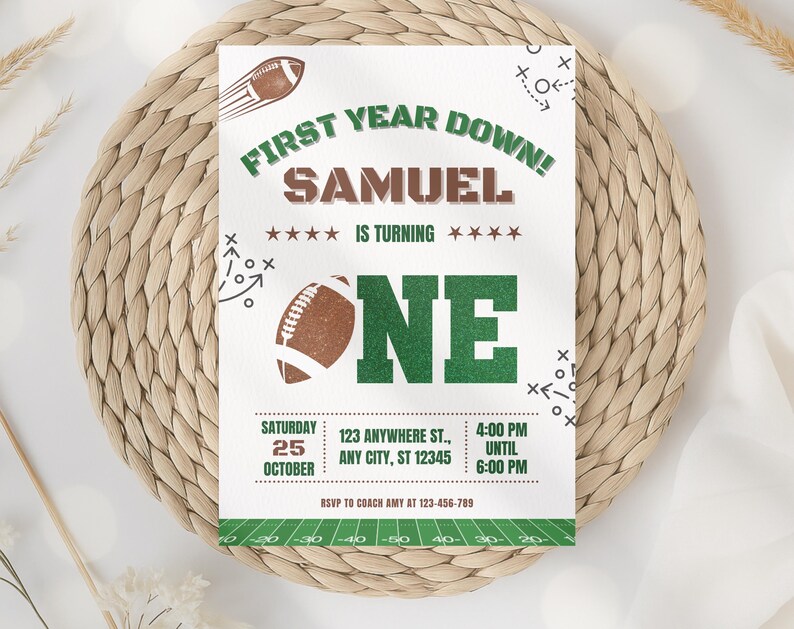Customazible First Year Down football birthday invitation for boys, green and brown editable digital download, Canva template
