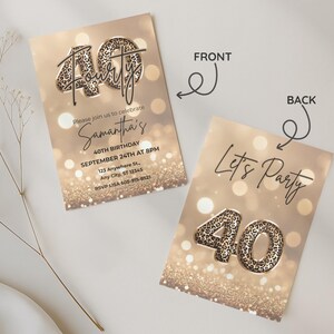 Customazible Elegant 40th birthday card with gold glitter background and leopard print and 40 text design. Canva template. Sparkle Party Printable