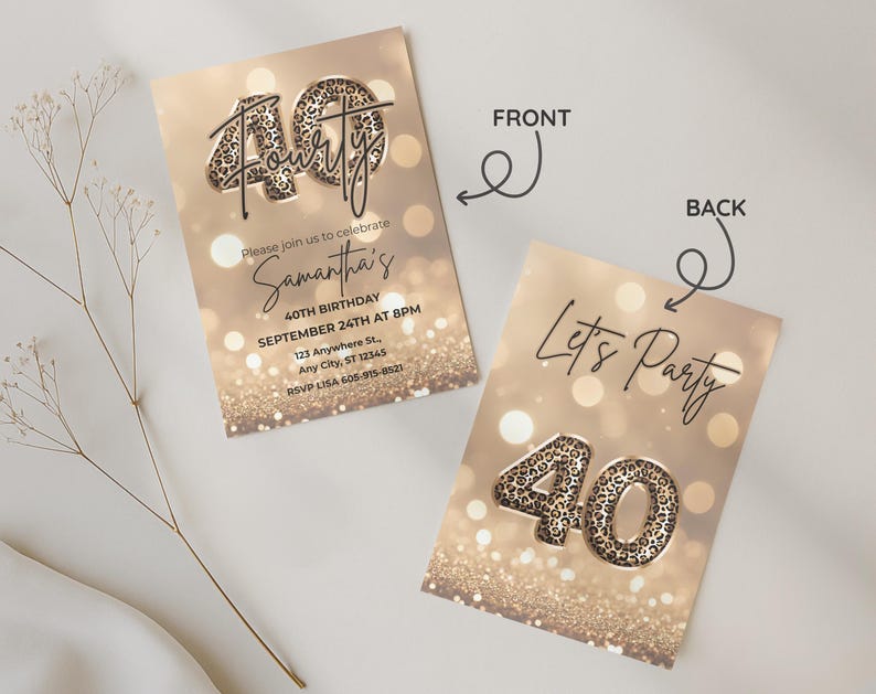 Customazible Elegant 40th birthday card with gold glitter background and leopard print and 40 text design. Canva template. Sparkle Party Printable