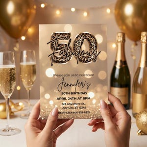Printable Elegant 50th birthday card with gold glitter background and leopard print and 50 text design. Canva template. Sparkle Party Printable