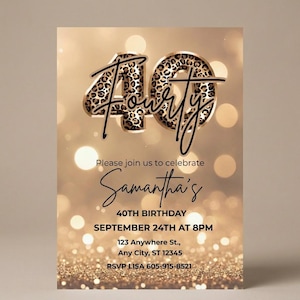 Printable Elegant 40th birthday party invitation with gold glitter background and leopard print and 40 text design. Canva template. Sparkle Party Printable