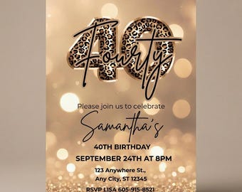 40TH Birthday Invitation Leopard Print Gold Glitter, Editable Cheetah Party Printable