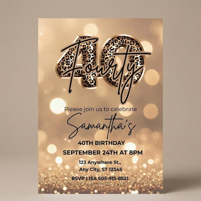 Printable Elegant 40th birthday party invitation with gold glitter background and leopard print and 40 text design. Canva template. Sparkle Party Printable