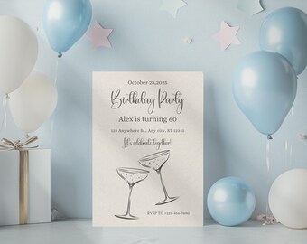 Neutral 60th Birthday Invitation template, Elegant Champagne 30th, 40th, 50th, 70th, 80th Party Invite for men