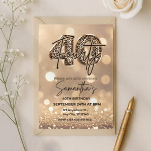 Printable Elegant 40th birthday party invitation with gold glitter background and leopard print and 40 text design. Canva template. Sparkle Party Printable