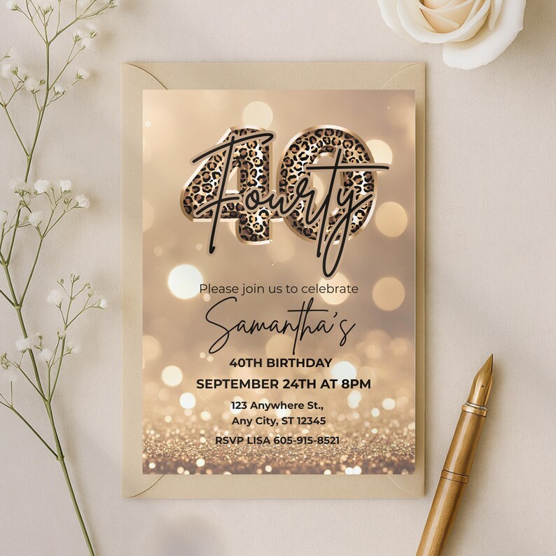 Printable Elegant 40th birthday party invitation with gold glitter background and leopard print and 40 text design. Canva template. Sparkle Party Printable