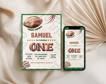 Football First Birthday Invitation for Boys, First Year Down Editable Party Template, Green Brown One Year Old Invite