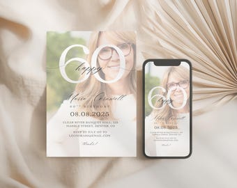 Elegant 60th Birthday Invitation for women with photo, Editable Canva Template, 30th, 40th, 50th, 70th, 80th Party Printable