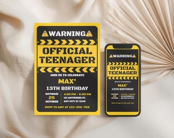 Warning Official teenager 13th Birthday Invitation, Editable Teen Party invite, Funny Birthday design