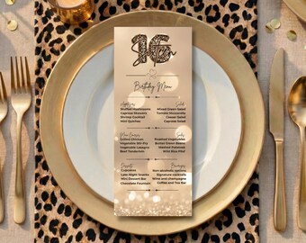 Sweet sixteen Birthday Dinner Invitation Leopard Print Gold Glitter, Printable 16th Birthday Dinner Menu Card