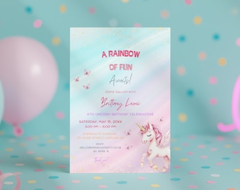 Einhorn-Geburtstagseinladung, Einladung zur Pastell-Regenbogen-Party, Party-Druckvorlage