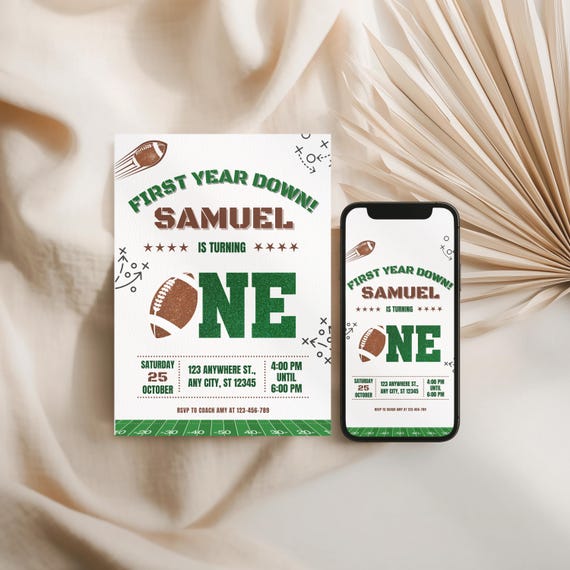 Football First Birthday Invitation for Boys, First Year Down Editable Party Template, Green Brown One Year Old Invite