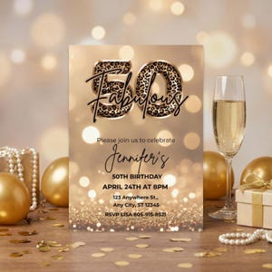 Elegant 50th birthday card with gold glitter background and leopard print and 50 text design. Canva template. Sparkle Party Printable