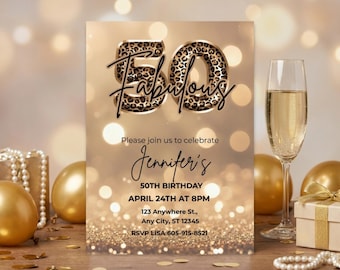 Invito di compleanno per cinquant'anni con leopardo: elegante invito per la festa del cinquantesimo anniversario, download digitale per stampa e formato telefono