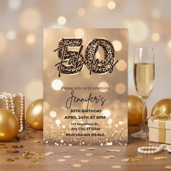 Fifty and Fabulous Birthday Invitation with Leopard 50: Elegant 50th Party Invite, Digital Download for Printable and Phone Format