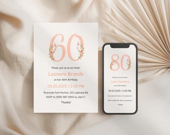 Floral Birthday Invitation Canva Template – Editable Bundle for 60th 70th 80th Birthday