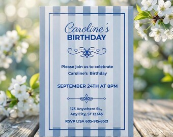 Elegant Blue Birthday Invitation template, Editable Striped Party Printable