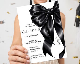 Black bow 30TH Birthday Invitation, Editable Party Printable