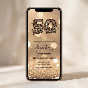 Elegant 50th birthday e-invite with gold glitter background and leopard print and 50 text design. Canva template. Sparkle Party Printable
