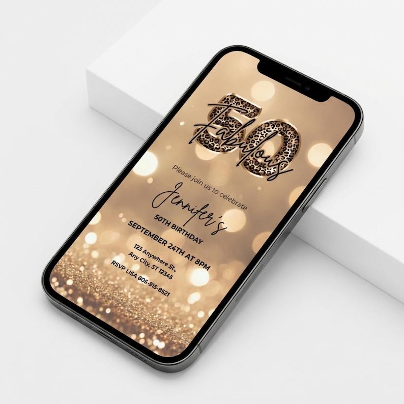 Elegant 50th birthday e-invite with gold glitter background and leopard print and 50 text design. Canva template. Sparkle Party Printable