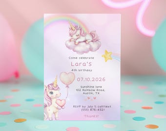 Einhorn-Geburtstagseinladung, Einladung zur Pastell-Regenbogen-Party, Party-Druckvorlage