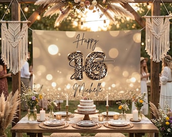 Sweet sixteen Birthday Banner Leopard Print Gold Glitter, Printable 16th Birthday Party Banner